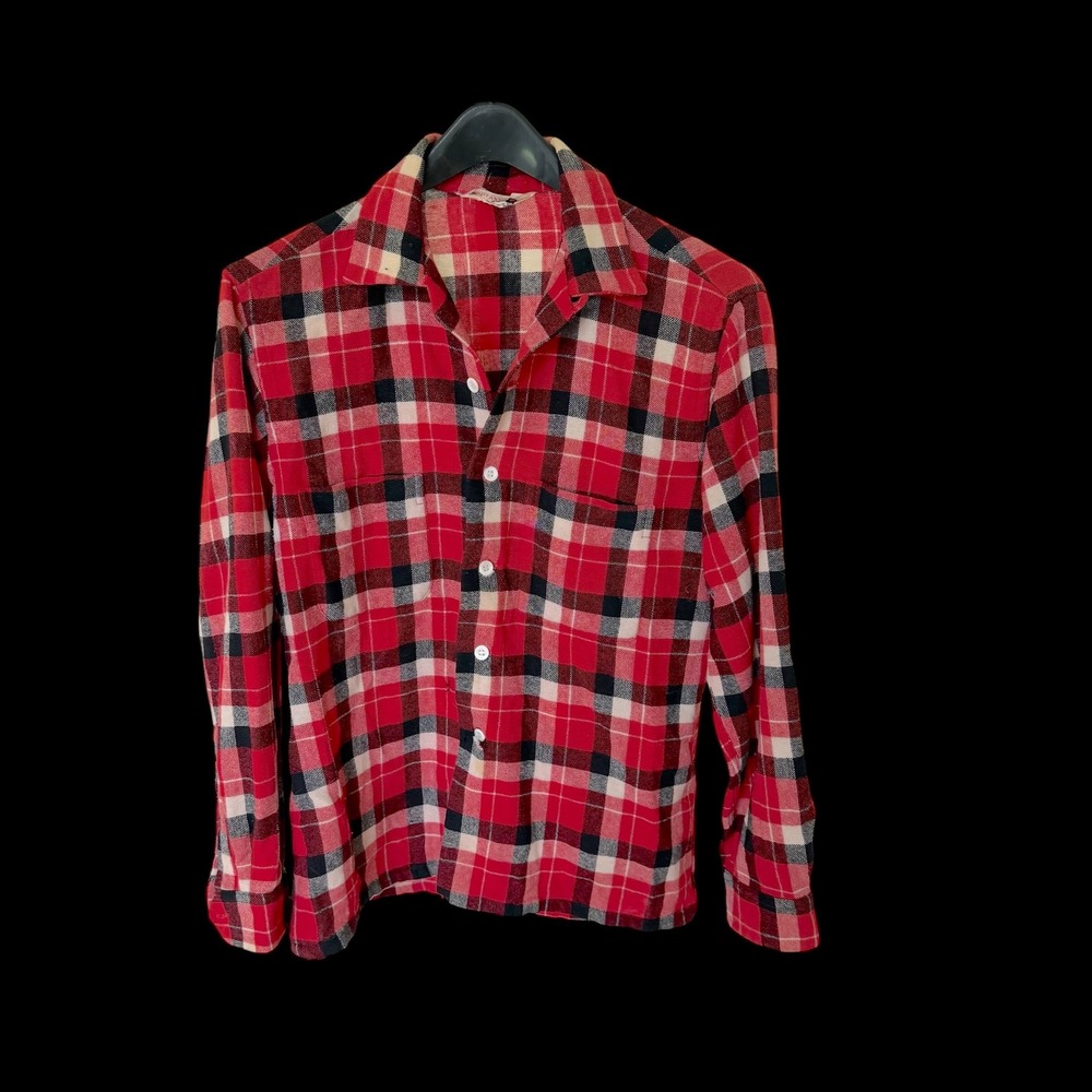 60's Botany Fashions Red Black Plaid Flannel Button Down Shirt Sz M Long Slv
